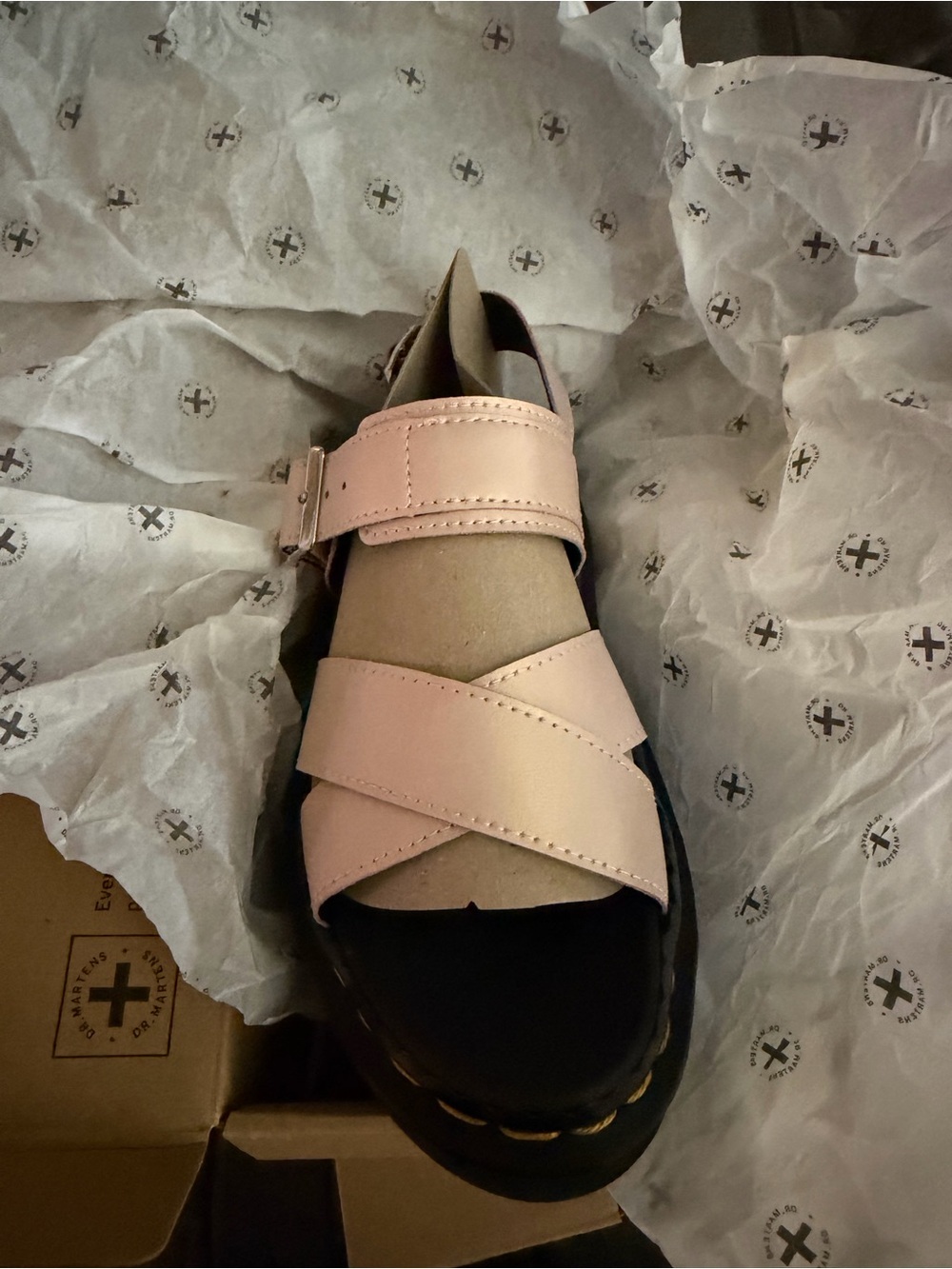 Dr. Martens Pink and Black Leather Crisscross Strap Sandals (Voss II)